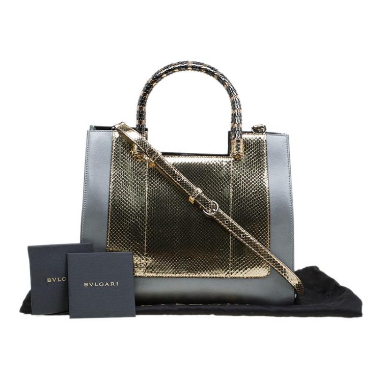 Pre Owned Bvlgari Grey/Gold Leather and Snakeskin Medium Serpenti Tote