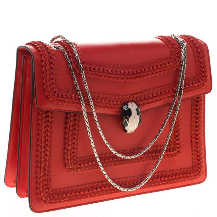 Pre Owned Bvlgari Red Leather Large Serpenti Forever Ruffled Shoulder Bag