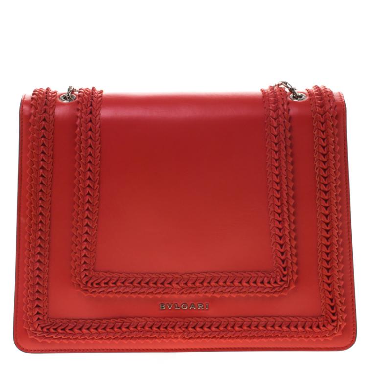 Pre Owned Bvlgari Red Leather Large Serpenti Forever Ruffled Shoulder Bag