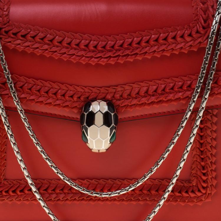 Pre Owned Bvlgari Red Leather Large Serpenti Forever Ruffled Shoulder Bag