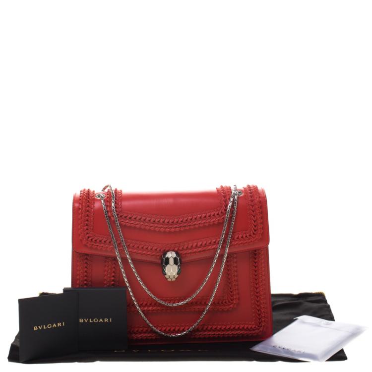 Pre Owned Bvlgari Red Leather Large Serpenti Forever Ruffled Shoulder Bag
