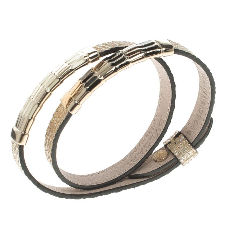 Pre Owned Bvlgari Scaglie Glitter Gold Leather Double Wrap Bracelet 16cm