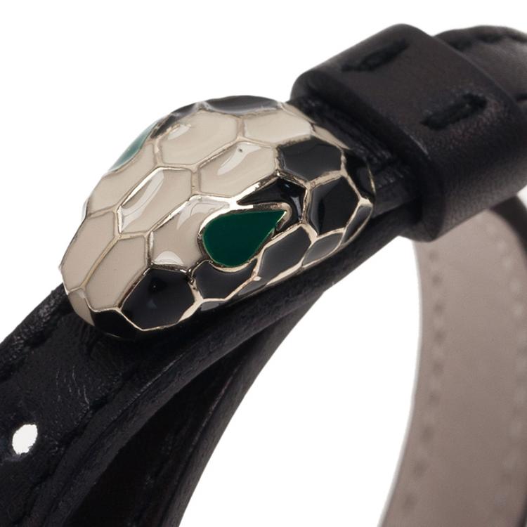 Pre Owned Bvlgari Serpenti Double Coiled Black Leather Bracelet