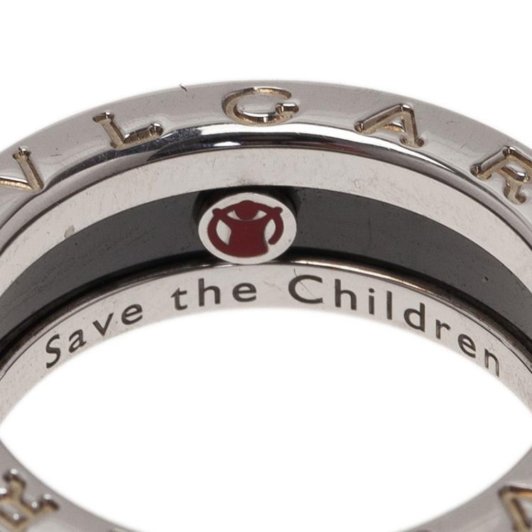 Pre Owned Bvlgari Save The Children Black Ceramic Silver Ring Size 50