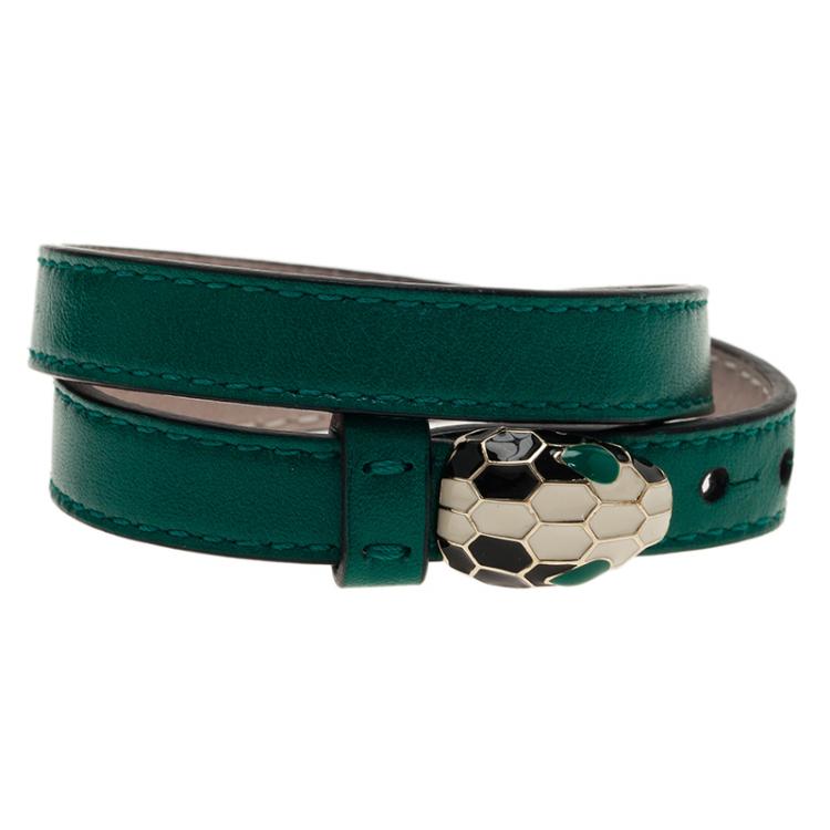 Pre Owned Bvlgari Serpenti Double Coiled Green Leather Bracelet
