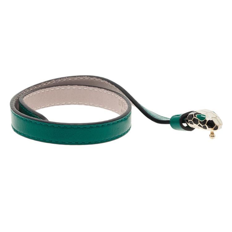 Pre Owned Bvlgari Serpenti Double Coiled Green Leather Bracelet