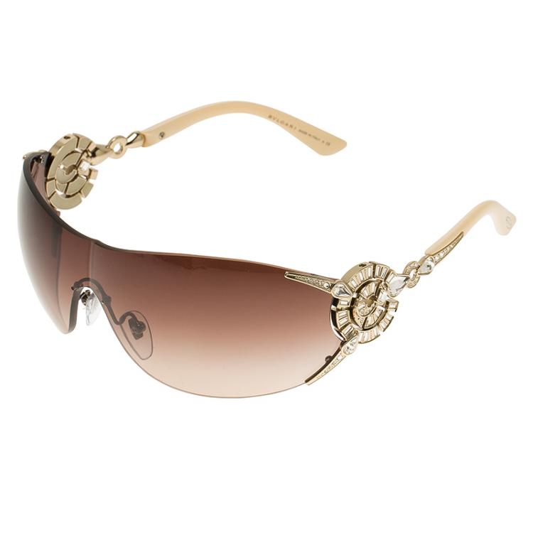 Pre Owned Bvlgari Cream Limited Edition Crystal Embellished Shield Sunglasses