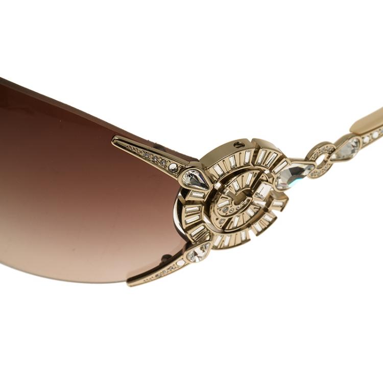 Pre Owned Bvlgari Cream Limited Edition Crystal Embellished Shield Sunglasses