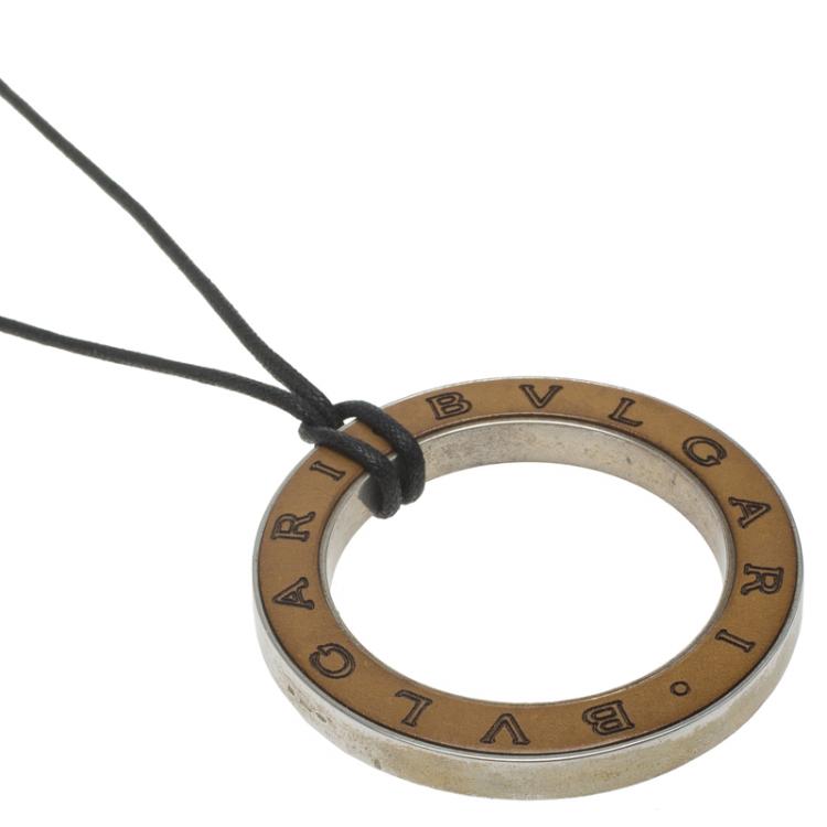 Pre Owned Bvlgari Cotton Cord Brown Leather Silver Pendant Necklace