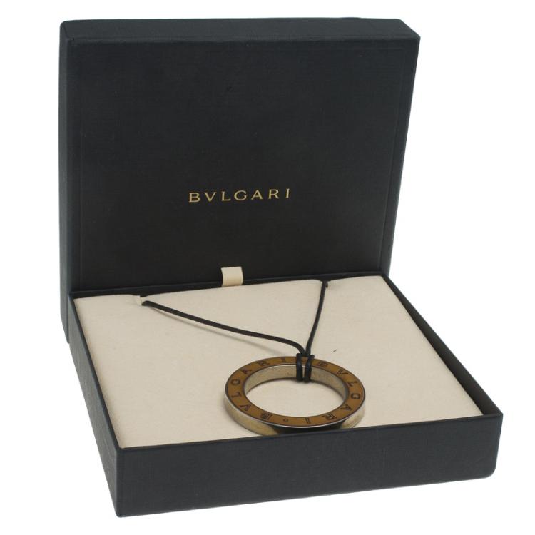 Pre Owned Bvlgari Cotton Cord Brown Leather Silver Pendant Necklace