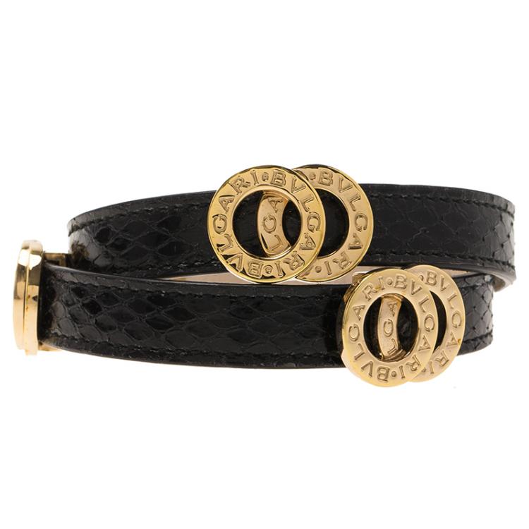 Pre Owned Bvlgari Bvlgari Black Embossed Leather Rose Gold Plated Double - Coiled Bracelet 17cm