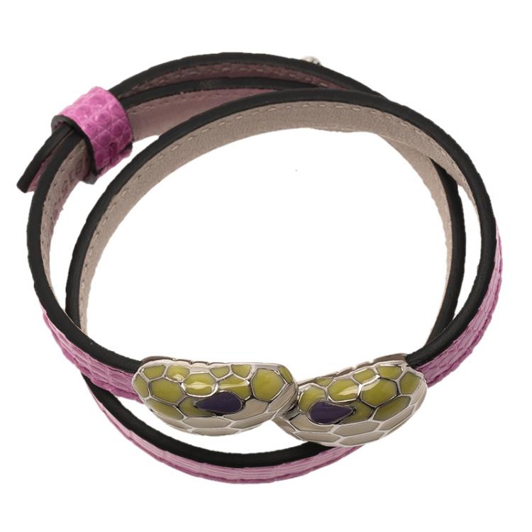 Pre Owned Bvlgari Serpenti Pink Lizard Leather Double Coiled Bracelet
