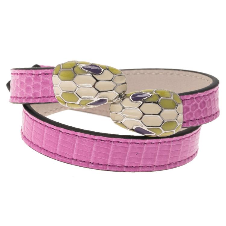 Pre Owned Bvlgari Serpenti Pink Lizard Leather Double Coiled Bracelet