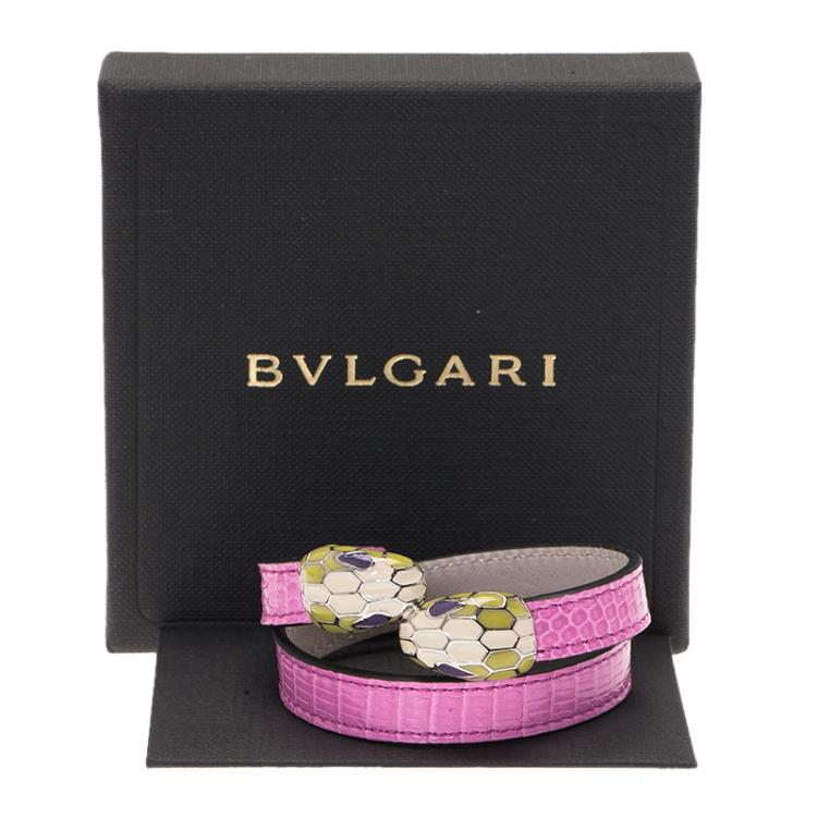 Pre Owned Bvlgari Serpenti Pink Lizard Leather Double Coiled Bracelet