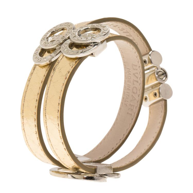 Pre Owned Bvlgari Bvlgari Metallic Gold Embossed Leather Palladium Plated Double Coiled Bracelet 16cm