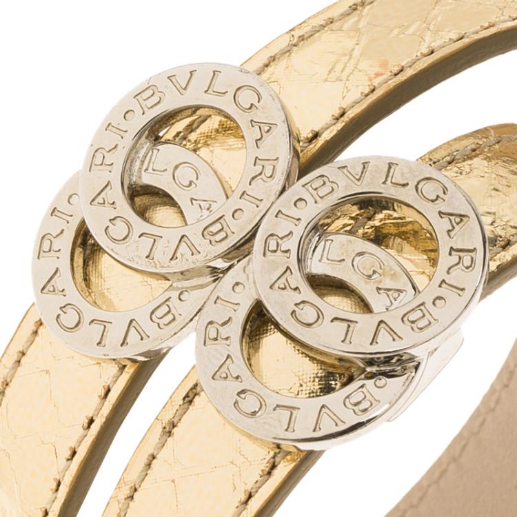 Pre Owned Bvlgari Bvlgari Metallic Gold Embossed Leather Palladium Plated Double Coiled Bracelet 16cm