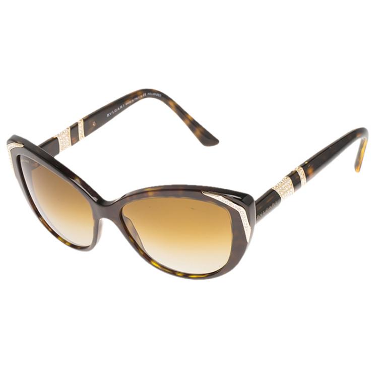 Pre Owned Bvlgari Tortoise Frame BV8151 Crystal Embellished Cat Eye Sunglasses