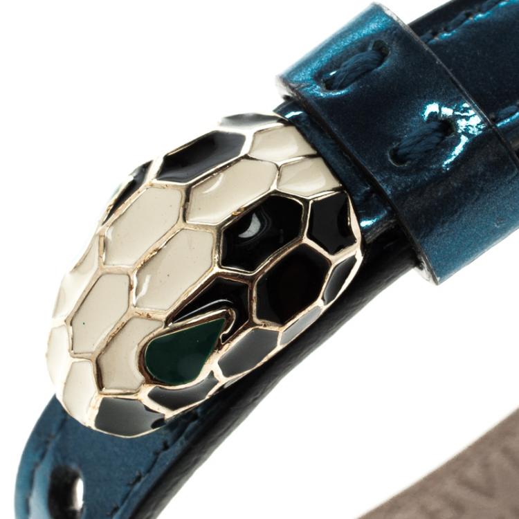 Pre Owned Bvlgari Serpenti Enamel Gold Plated Metallic Blue Leather Bracelet