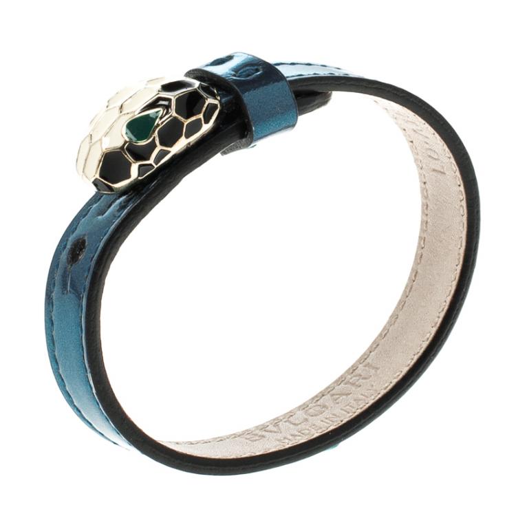 Pre Owned Bvlgari Serpenti Enamel Gold Plated Metallic Blue Leather Bracelet