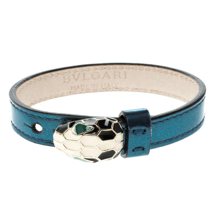 Pre Owned Bvlgari Serpenti Enamel Gold Plated Metallic Blue Leather Bracelet