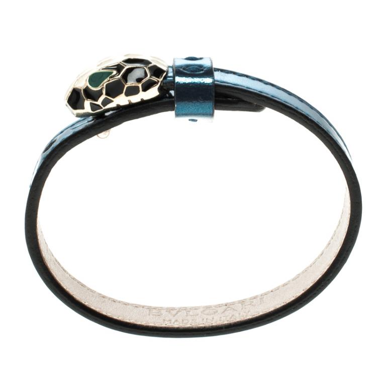 Pre Owned Bvlgari Serpenti Enamel Gold Plated Metallic Blue Leather Bracelet