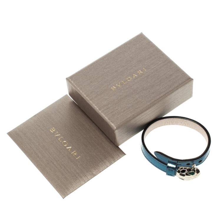 Pre Owned Bvlgari Serpenti Enamel Gold Plated Metallic Blue Leather Bracelet