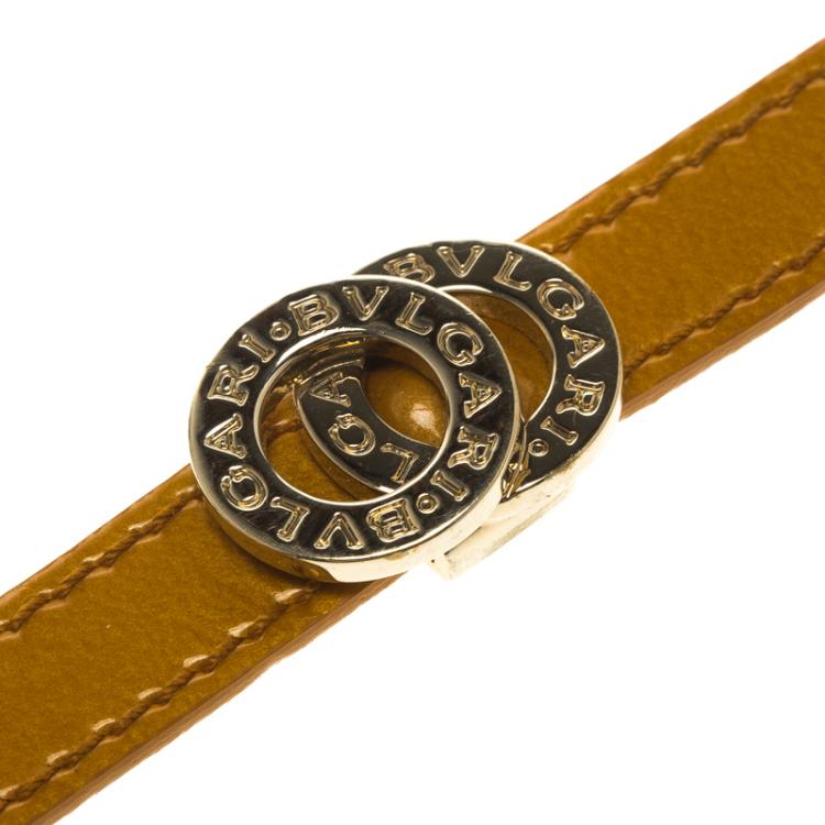 Pre Owned Bvlgari Brown Leather Double Coiled Gold Plated Bracelet 16cm