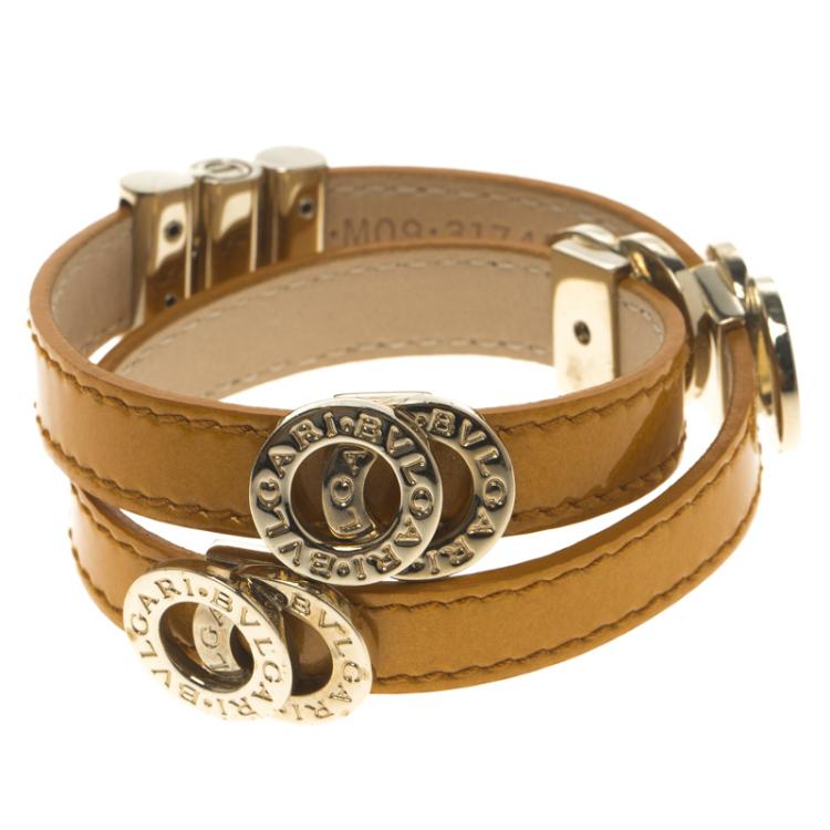 Pre Owned Bvlgari Brown Leather Double Coiled Gold Plated Bracelet 16cm