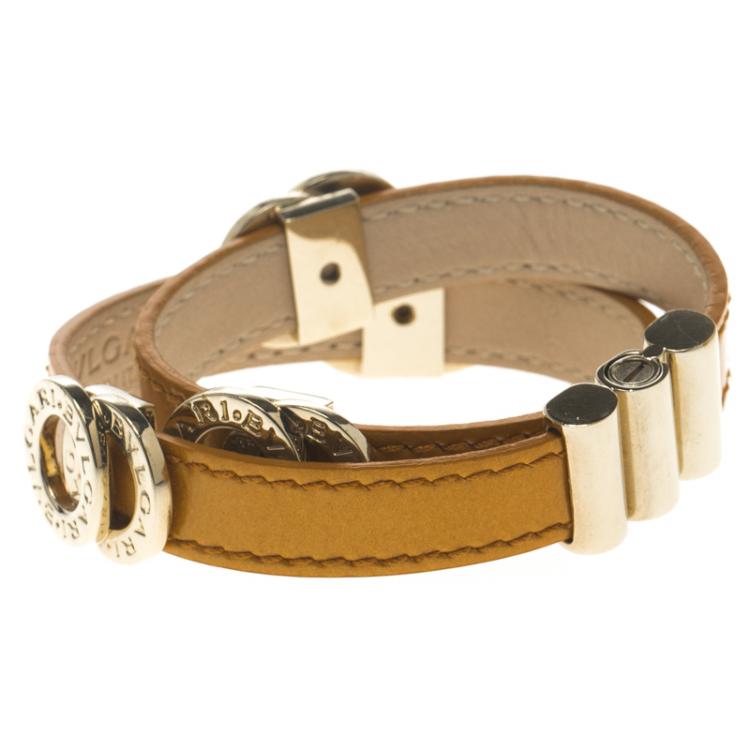 Pre Owned Bvlgari Brown Leather Double Coiled Gold Plated Bracelet 16cm