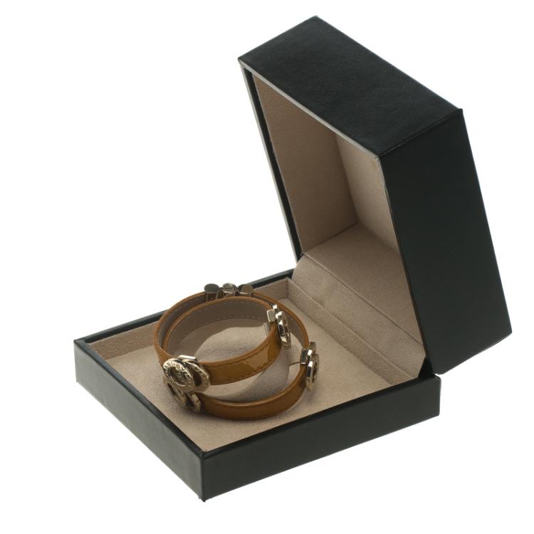 Pre Owned Bvlgari Brown Leather Double Coiled Gold Plated Bracelet 16cm