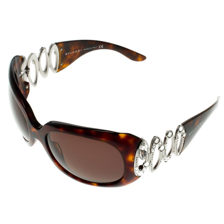 Pre Owned Bvlgari Brown Tortoise 8016-B Embellished Oversized Sunglasses