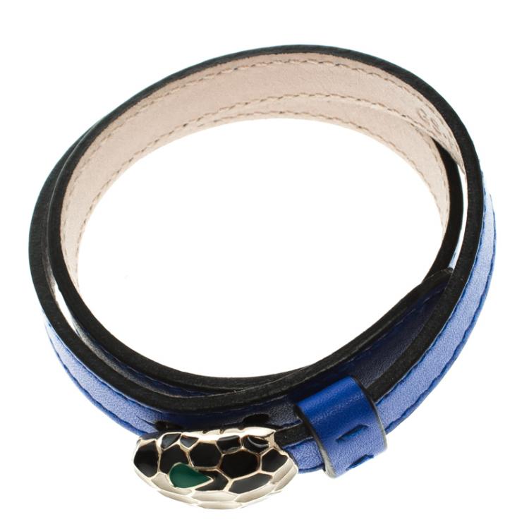 Pre Owned Bvlgari Serpenti Forever Enamel Blue Double Coiled Leather Gold Plated Bracelet