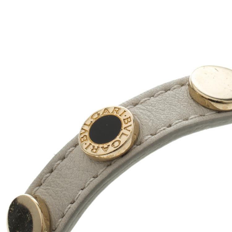 Pre Owned Bvlgari Gold Plated Studs & Cream Leather Bracelet