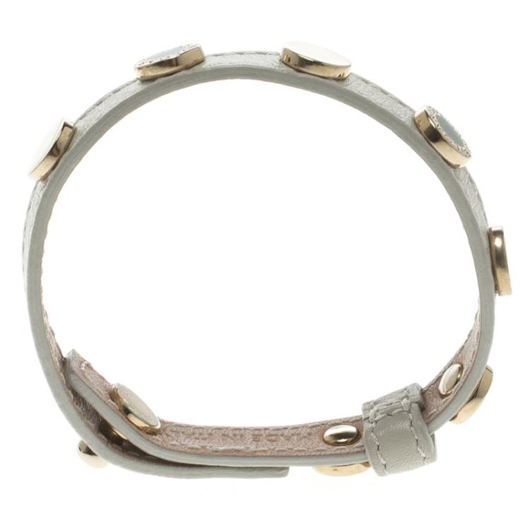 Pre Owned Bvlgari Gold Plated Studs & Cream Leather Bracelet