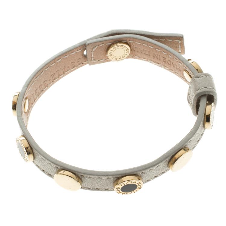 Pre Owned Bvlgari Gold Plated Studs & Cream Leather Bracelet