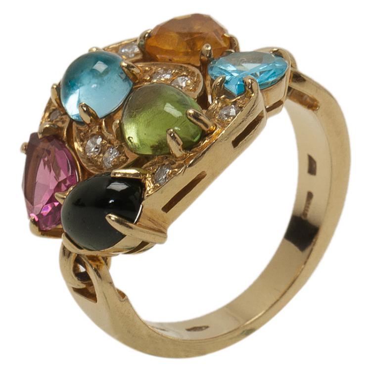 Pre Owned Bvlgari Astrale Colored Gemstones Yellow Gold Ring Size 53