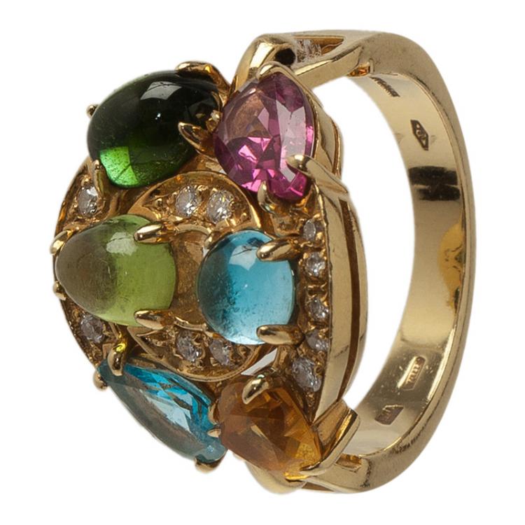 Pre Owned Bvlgari Astrale Colored Gemstones Yellow Gold Ring Size 53