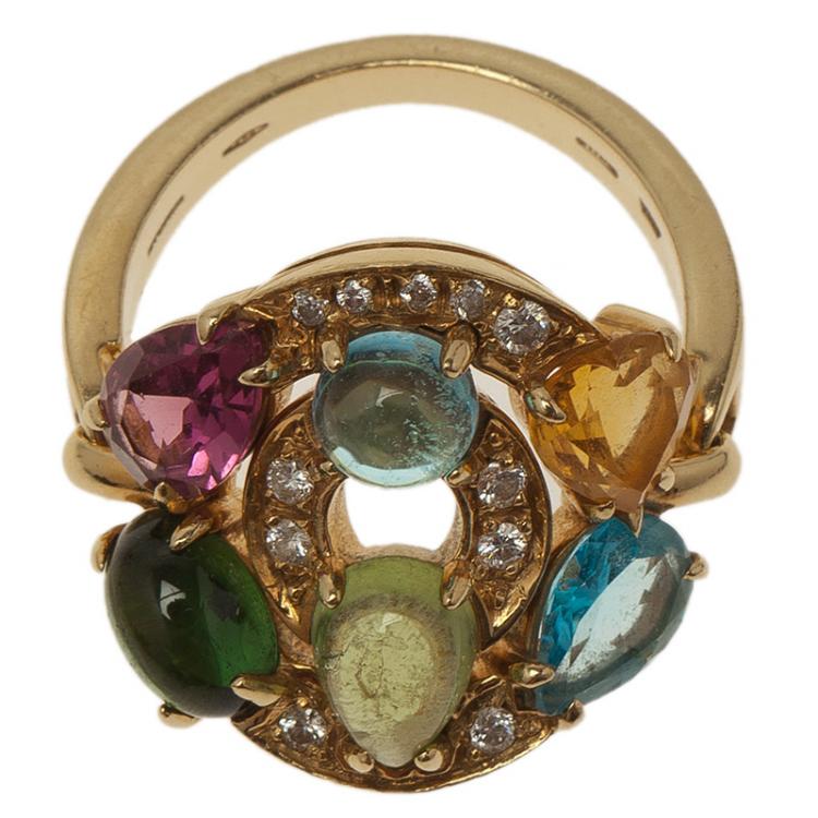 Pre Owned Bvlgari Astrale Colored Gemstones Yellow Gold Ring Size 53