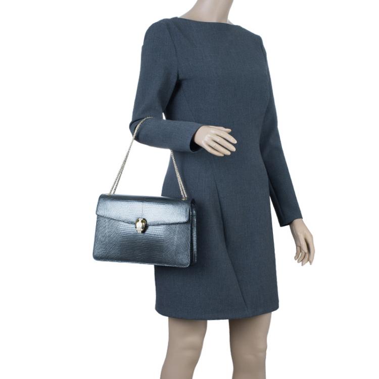 Pre Owned Bvlgari Metallic Lizard Skin Medium Serpenti Flap Shoulder Bag