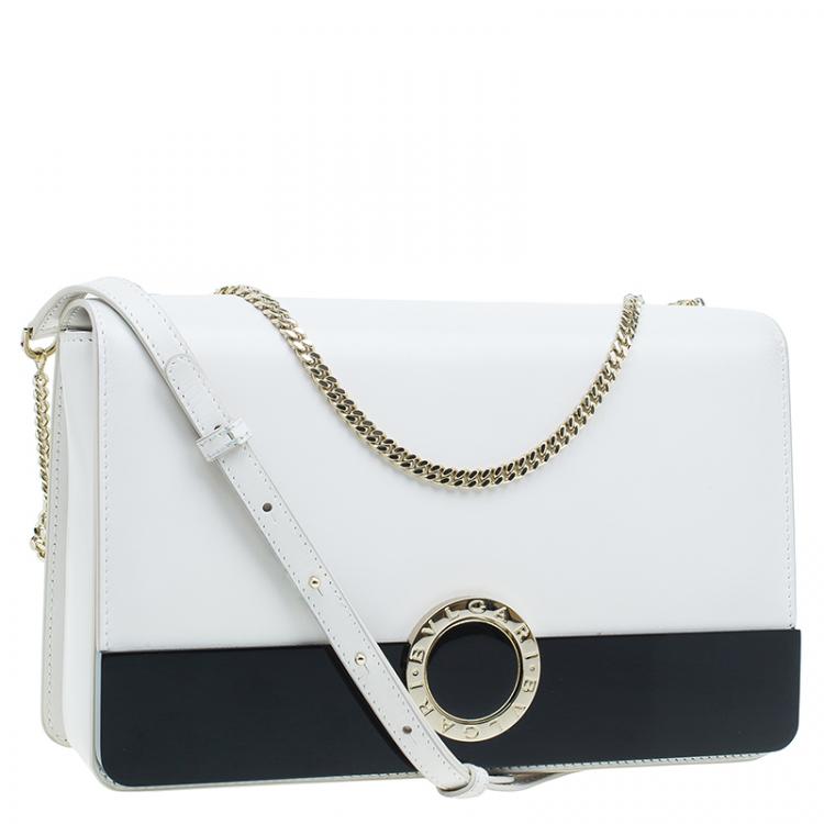 Pre Owned Bvlgari White Agate and Black Leather Medium Flap Cover Bag