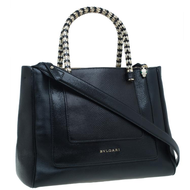 Pre Owned Bvlgari Black Snakeskin and Leather Medium Serpenti Tote