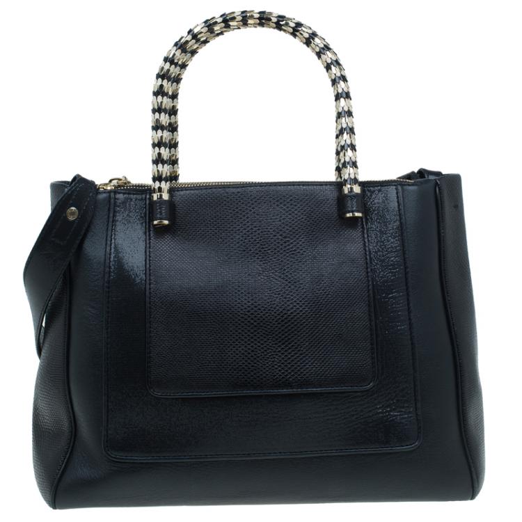 Pre Owned Bvlgari Black Snakeskin and Leather Medium Serpenti Tote