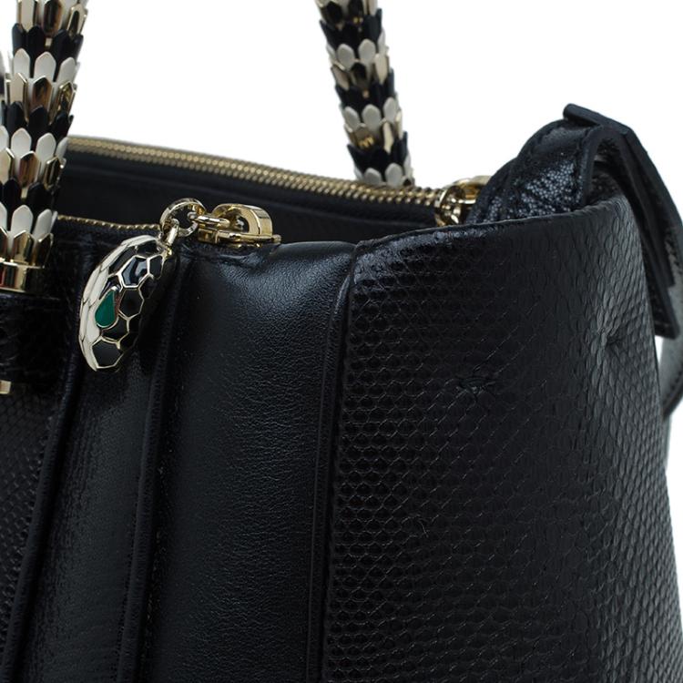 Pre Owned Bvlgari Black Snakeskin and Leather Medium Serpenti Tote