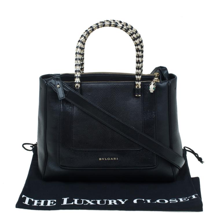 Pre Owned Bvlgari Black Snakeskin and Leather Medium Serpenti Tote