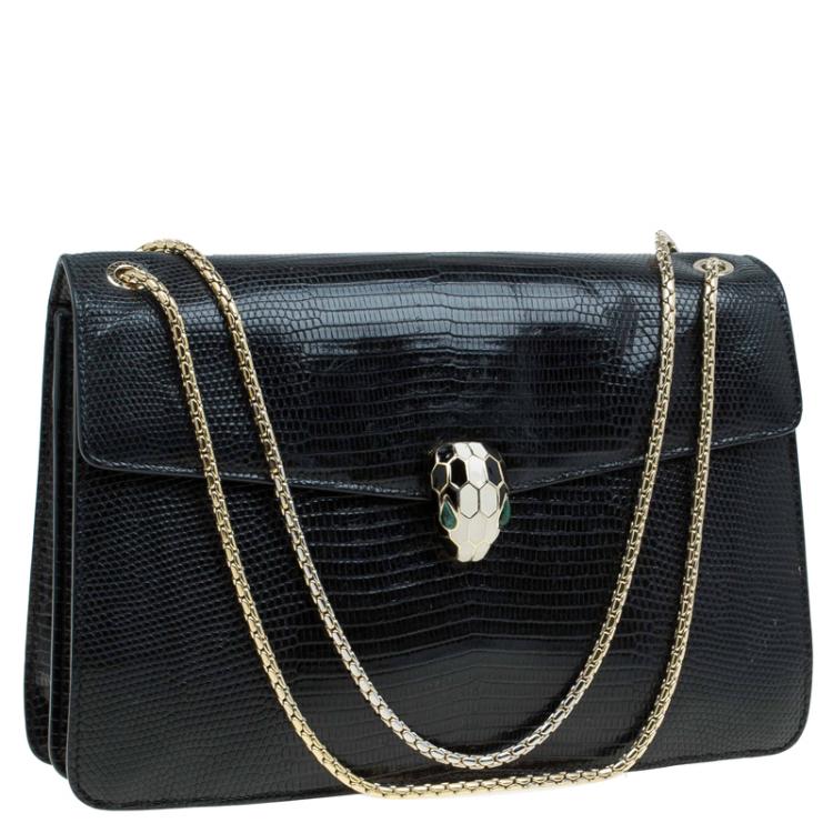 Pre Owned Bvlgari Black Lizard Skin Medium Serpenti Flap Shoulder Bag