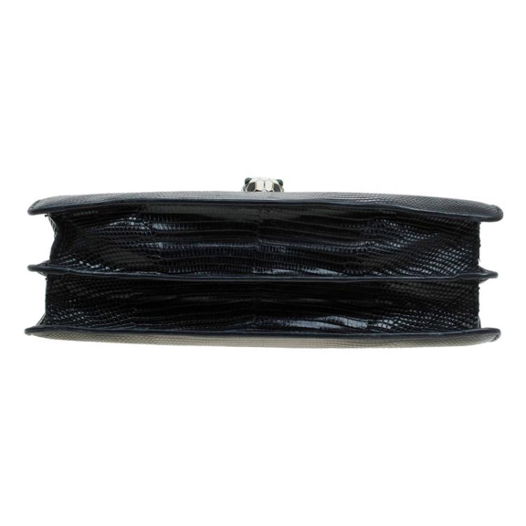 Pre Owned Bvlgari Black Lizard Skin Medium Serpenti Flap Shoulder Bag