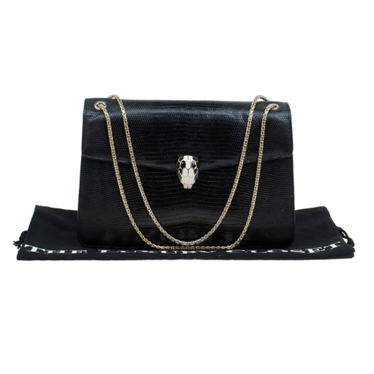 Pre Owned Bvlgari Black Lizard Skin Medium Serpenti Flap Shoulder Bag