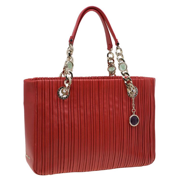 Pre Owned Bvlgari Red Nappa Leather Monte Plisse Shopping Tote