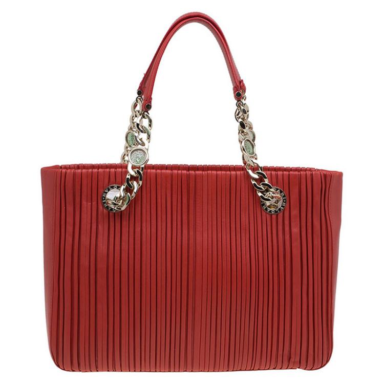 Pre Owned Bvlgari Red Nappa Leather Monte Plisse Shopping Tote