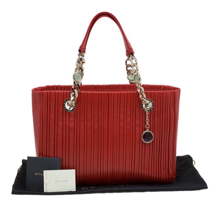 Pre Owned Bvlgari Red Nappa Leather Monte Plisse Shopping Tote